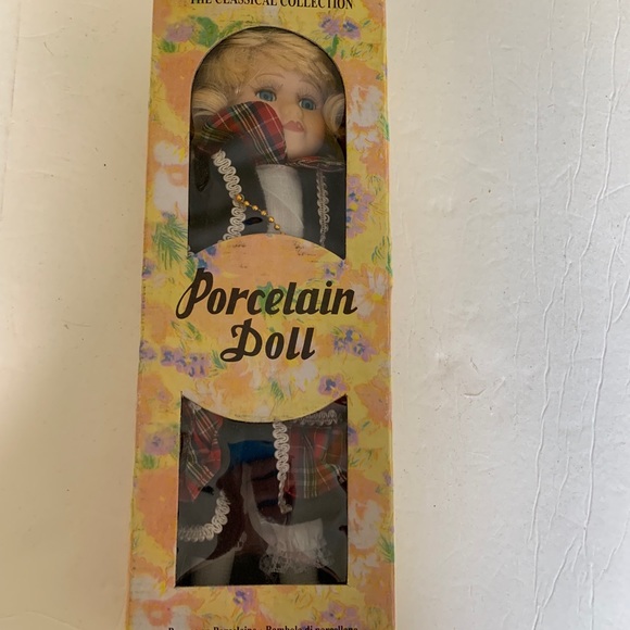 Collectible 15” Porcelain Doll Blond Girl blue eyes red Plaid dress New with box - Picture 5 of 5